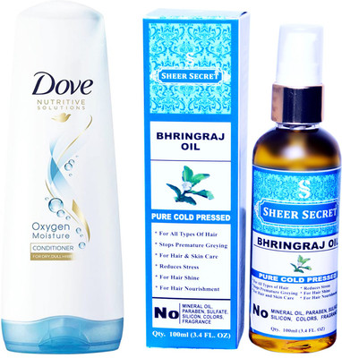 

SHEER SECRET BHRINGRAJ OIL 100ML (PURE COLD PRESSED) and DOVE 180 ML OXYGEN MOISTURE CONDITIONER(Set of 2)