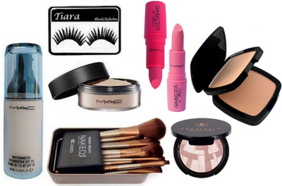 

tiara Eyelashes,Mac Match Master Foundation,Studio Fix Compact, Giamabattista Valli lipstick Pack Of 2, Naked Brush Set , Loose Powder,Anastasia Illuminator(Set of 8)