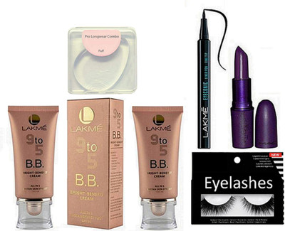 

Pro longwear combo silicon puff, lakme 9to5 BB bright benefit cream pack of 2, eyeconic pen eyeliner , finish matte lipstick with eyelashes(Set of 6)
