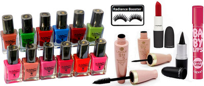 

radiance booster Eyelashes & Mac Nail Paint (Pack Of 12) & Lakme 9 to 5 Water proof Eyeliner+Mascara & Stick Kajal & Lipstick & Baby Lip Balm(Set of 18)