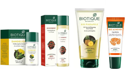 

BIOTIQUE BIO Dandelion Ageless Lightening Serum, BERBERRY HYDRATING CLEANSER FOR ALL SKIN TYPES, Pineapple Oil Control Foaming Face Wash, LIP CARE(Set of 4)