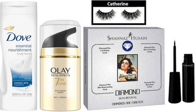 catherine eyelashes, diamond facial kit, essential nourishment body lotion, total effect cream, liquid eyeliner(Set of 5)