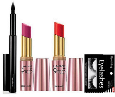 

ravishing Eyelashes,Mac pen eyeliner & Lakme 9 to 5 lipsticks in 2 shades(Set of 4)