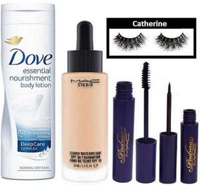 

catherine eyelashes, Mac padma eyeliner and mascara, studio waterweight foundation, Dove essential nourishment body lotion(Set of 5)