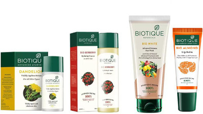 

BIOTIQUE BIO Dandelion Ageless Lightening Serum, BERBERRY HYDRATING CLEANSER FOR ALL SKIN TYPES, white advanced fairness face wash , LIP CARE(Set of 4)