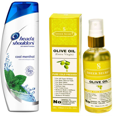 

SHEER SECRET OLIVE OIL 100ML (PURE COLD PRESSED) and HEAD & SHOULDERS 360 ML COOL MENTHOL SHAMPOO(Set of 2)