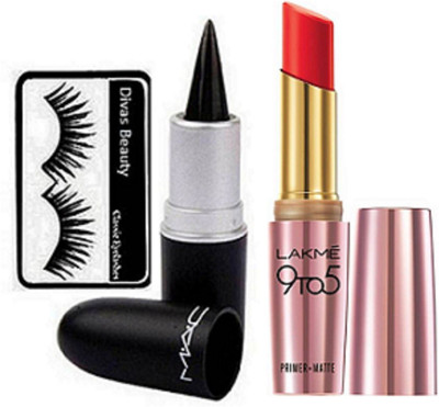 

divas beauty Eyelashes & Mac Dark Black Stick Kajal, Lakme 9to5 Primer Matte Lipstick(Set of 3)