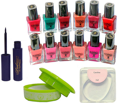 caroline Silicon puff, Mac Nail Paint (set of 12), Nail Remover & Padma Liquid Eyeliner(Set of 15)