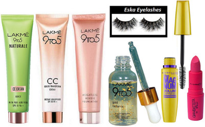 

eska Eyelashes,9 to 5 Weightless Mousse Foundation,CC Cream,Lakme 9to5 Gold radiance serum,Naturale CC Cream,Mac Giambattista valli Matte FInish Lipstick,Maybelline the mag num mascara(Set of 7)