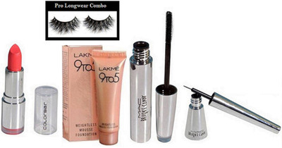 

pro longwear combo Eyelashes, Mac Brook Candy Eyeliner, Mascara, Colorbar Long Lasting Lipstick, Mousse founation(Set of 5)