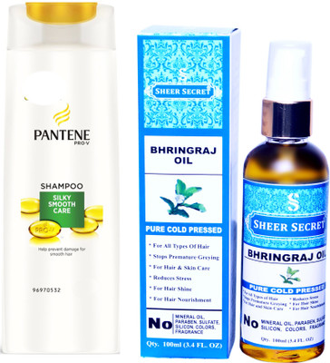

SHEER SECRET BHRINGRAJ OIL 100ML (PURE COLD PRESSED) and PANTENE SILKY SMOOTH CARE SHAMPOO 340 ML(Set of 2)