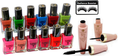 

radiance booster Eyelashes & Mac Nail Paint (Pack Of 12) & Lakme 9 to 5 Water proof Eyeliner+Mascara(Set of 15)