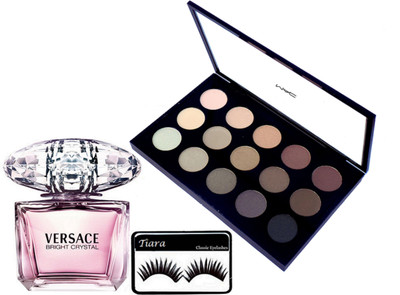 

tiara Eyelashes ,Mac 15 Shades Eye shadow Palette,Versace Bright Crystal Eau de Toilette Girls Perfume(Set of 3)