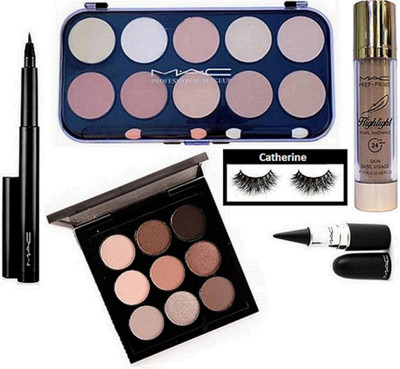 

catherine Eyelashes With Mac 10 Concealer palette,9 Shade Eyeshadow palette, prep+prime highlighter With pen Eyeliner And Stick Kajal(Set of 6)