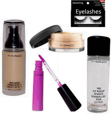 

ravishing Eyelashes, Mac Match Master Foundation, Select Sheer Loose Powder, Purple Lip gloss, Mineralize Charged Water Cleaner Nettoyant Eye Makeup Remover(Set of 5)