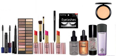 

ravishing Eyelashes,Mac pen eyeliner & mascara & kajal & PRIMER oil & highlighter & primer & makeup remover & Naked eye shadow 24 shades palette & mac compact & Lakme 9 to 5 lipstick in 3 shades, 2 shades makeup brush(Set of 15)