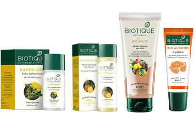 

BIOTIQUE BIO Dandelion Ageless Lightening Serum, PINEAPPLE OIL CONTROL FACE CLEANSER, white advanced fairness face wash, LIP CARE(Set of 4)