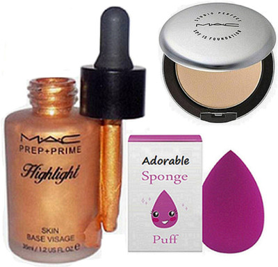 

Adorable sponge puff, highlighter , silver compact(Set of 3)