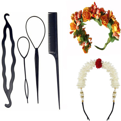 

KYT Combo Multicolour Flower Gajra Hair Bun Juda Accessories for Women styling tools(Set of 6)