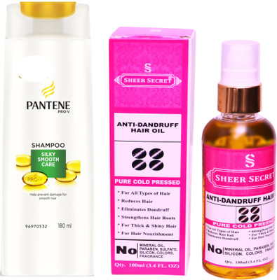 

SHEER SECRET ANTI DANDRUFF OIL 100ML (PURE COLD PRESSED) and PANTENE 180 ML SILKY SMOOTH CARE SHAMPOO(Set of 2)