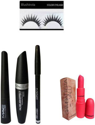 

blushinsta combo of eyeliner eyelashes eyebrow pencil eyemascara lipstick (Set of 5)(Set of 5)