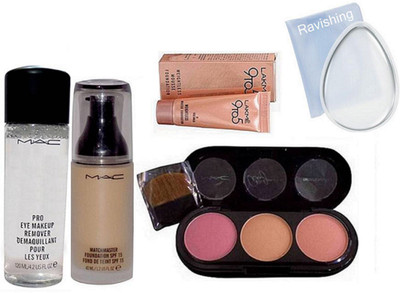 

ravishing puff, Mac MatchMaster Foundation, 3 Shades Blusher, 9to5 Mousse Foundation, Mineralize Charged Water Cleaner Nettoyant Eye Makeup Remover(Set of 5)