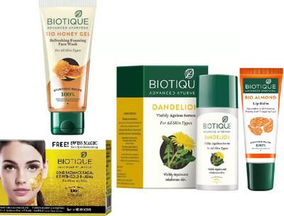 

BIOTIQUE BIO Honey Oil Refreshing Foaming Face Wash, Gold Radiance Facial Kit, Bio Dandelion Ageless Lightening Serum, LIP CARE(Set of 4)