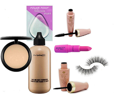

POWER POINT silicon puff, mac face & body foundation , compact , giambattista lipstick, lakme 9 to 5 liner mascara , eyelashes ( set of 7 )(Set of 7)