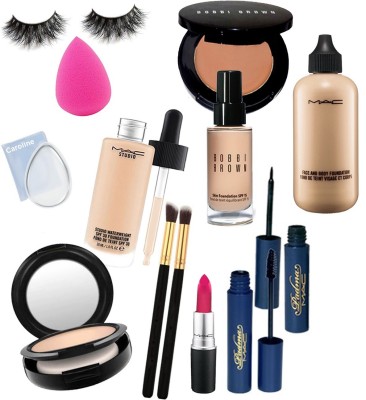 

caroline Eyelashes, sponge puff, Silicone puff, Makeup Brush 2 Mac face and body foundation, studio water weight foundation, prep+prime skin base visage primer, Lipstick, compact, Padma eyliner & mascara, Bobbi Brown Foundation & Blusher(Set of 13)