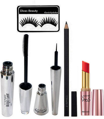 

divas beauty Eyelashes, Eyeliner & Mascara & Eye Kohl Crayon Pencil Kajal, Primer Matte Lipstick(Set of 5)