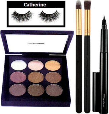 

catherine eyelashes, mac 9 shade eyeshadow palette, pen eyeliner with 2 make up brush(Set of 5)