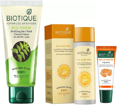 

BIOTIQUE BIO Neem Purifying Face Wash, Bio Aloe Vera 30+ Spf Sunscreen Ultra Soothing Face Lotion, LIP CARE(Set of 3)