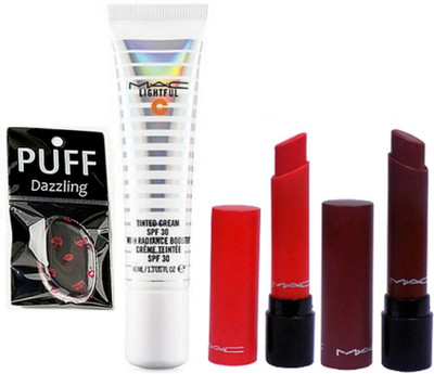 

Dazzling Silicon puff with Tinted Cream, Red & Brown Lipstick Of Mac (Set of 4)(Set of 4)