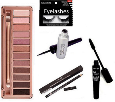 

ravishing Eyelashes, MAC eyeliner & mascara & kajal pencil & NAKED eye shadow 12 shades palette(Set of 5)