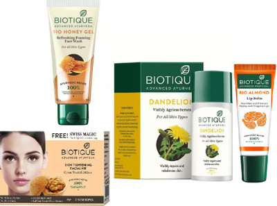 

BIOTIQUE BIO Honey Oil Refreshing Foaming Face Wash, Bio Dandelion Ageless Lightening Serum, Skin Tightening Facial Kit , LIP CARE(Set of 4)