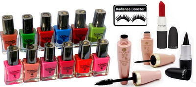 

radiance booster Eyelashes & Mac Nail Paint (Pack Of 12) & Lakme 9 to 5 Water proof Eyeliner+Mascara & Stick Kajal & Lipstick(Set of 17)