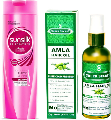 

SHEER SECRET AMLA OIL 100ML (PURE COLD PRESSED) and SUNSILK 180 ML LUSCIOUSLY THICK AND LONG SHAMPOO(Set of 2)