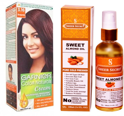 

SHEER SECRET SWEET ALMOND OIL 100 ML (PURE COLDPRESSED) and GARNIER HAIR COLOUR BOX BURGUNDY NO. 3.16(Set of 2)
