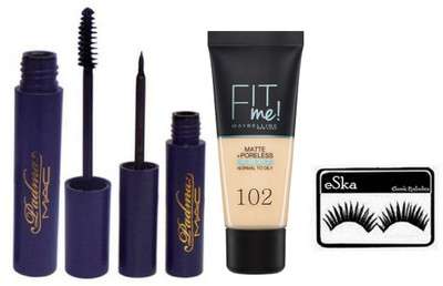

eska Eyelashes,Mac Padma Eyeliner & Mascara, Maybelline Fit Me Foundation(Set of 4)