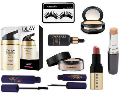 

Adorable eyelashes, total effects 7 in one anti cream, loose powder,padma liner & mascara, volcanic elixir ,compact, stick concealer, nude shade lipstick(Set of 9)