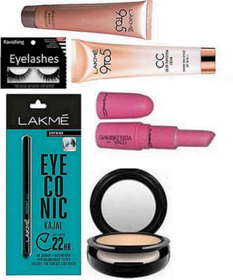 

ravishing Eyelashes, Lakme deep black kajal & 9 to 5 mousse foundation & cream & giambattista valli lipstick & Mac compact(Set of 6)