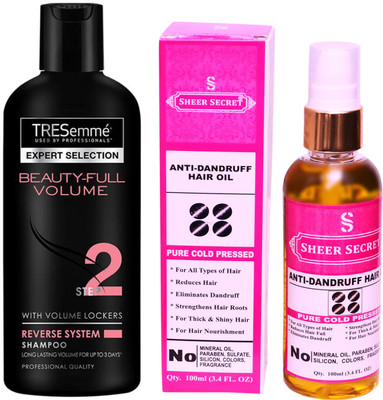 

SHEER SECRET ANTI DANDRUFF OIL 100ML (PURE COLD PRESSED) and TRESEMME 190 ML BEAUTIFULL VOLUME SHAMPOO(Set of 2)