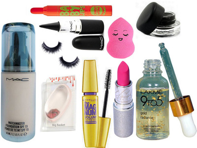 

big Basket Silicon Puff & Mac Matchmaster Foundation & Stick Kaj & Padma Mascara & Gel Eyeliner & Mac Lipstick & Lalme 9 To 5 Face Serum & Baby Lipbalm & Eyelashes & Sponge Puff(Set of 10)