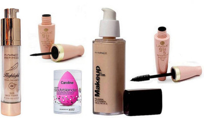 

caroline Sponge Puff, Makeup Pro Long Wear Foundation, Pearl Radiance Highlight & Lakme 9to5 Liquid Eyeliner& Mascara(Set of 5)