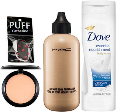 

catherine silicon puff, mac face and body foundation, compact, dove essential nourishment body lotion(Set of 4)