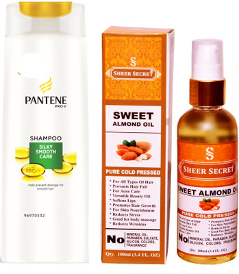 

SHEER SECRET ALMOND OIL 100ML (PURE COLD PRESSED) and PANTENE SILKY SMOOTH CARE SHAMPOO 340 ML(Set of 2)