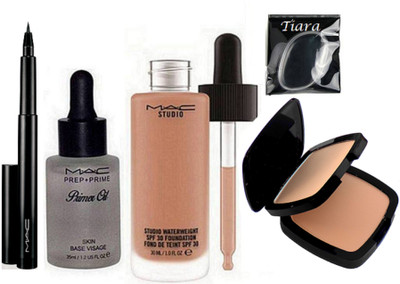 

tiara Silicon puff, Mac Studio Water weight Foundation, Studio Fix Compact,Pen Eyeliner, Prep+Prime Primer oil(Set of 5)