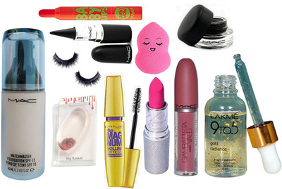 

big Basket Silicon Puff & Mac Matchmaster Foundation & Stick Kaj & Padma Mascara & Gel Eyeliner & Mac Lipstick & GAimbattista Vali Gloss & Lalme 9 To 5 Face Serum & Baby Lipbalm & Eyelashes & Sponge Puff(Set of 11)