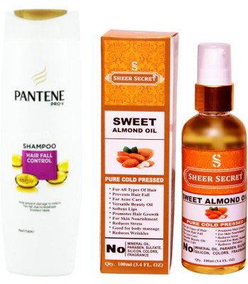 

SHEER SECRET ALMOND OIL 100ML (PURE COLD PRESSED) and PANTENE HAIR FALL CONTROL SHAMPOO 340 ML(Set of 2)