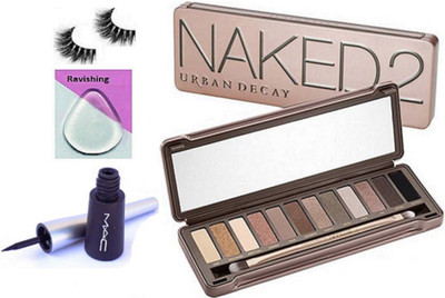 

ravishing Silicon puff, Eyelashes, Naked Eye shadow palette, Mac eyeliner(Set of 4)